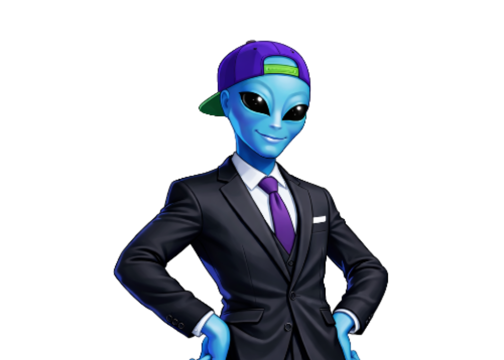 Alien character in a suit with a purple tie on a white background